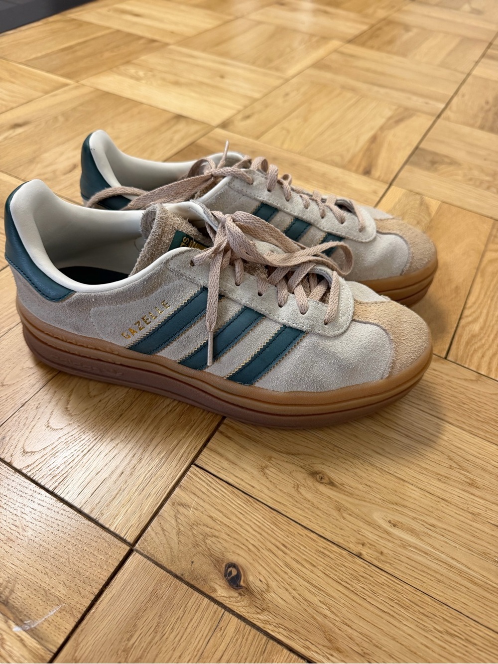 adidas Gazelle Women's Beige Suede Sneakers with green stripes